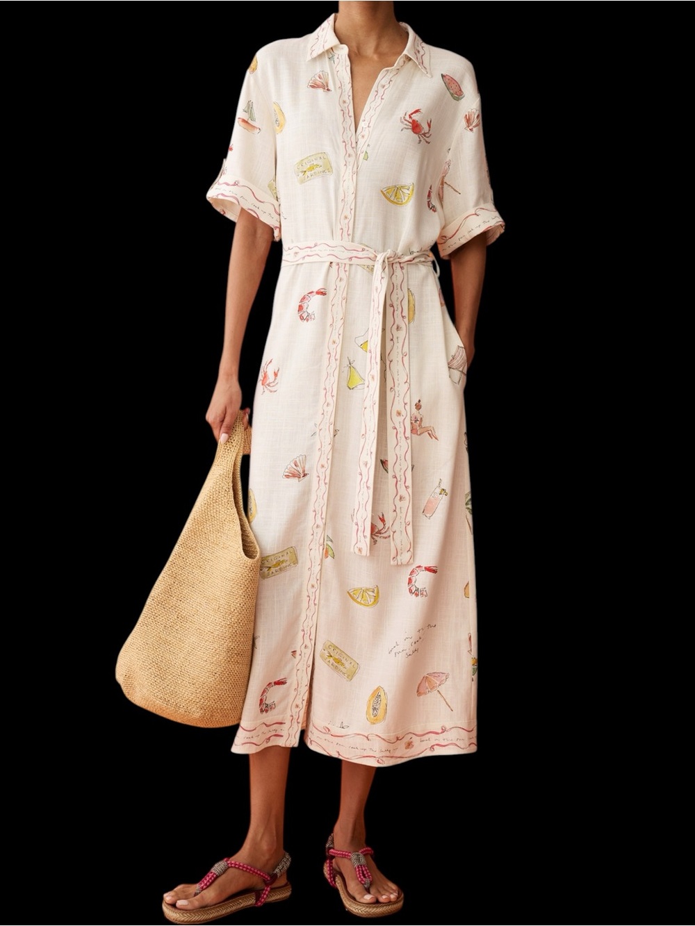 Few Moda Anaya Arlo Pink Yellow Beach Theme Printed Tie-Waist Shirt Dress NWT